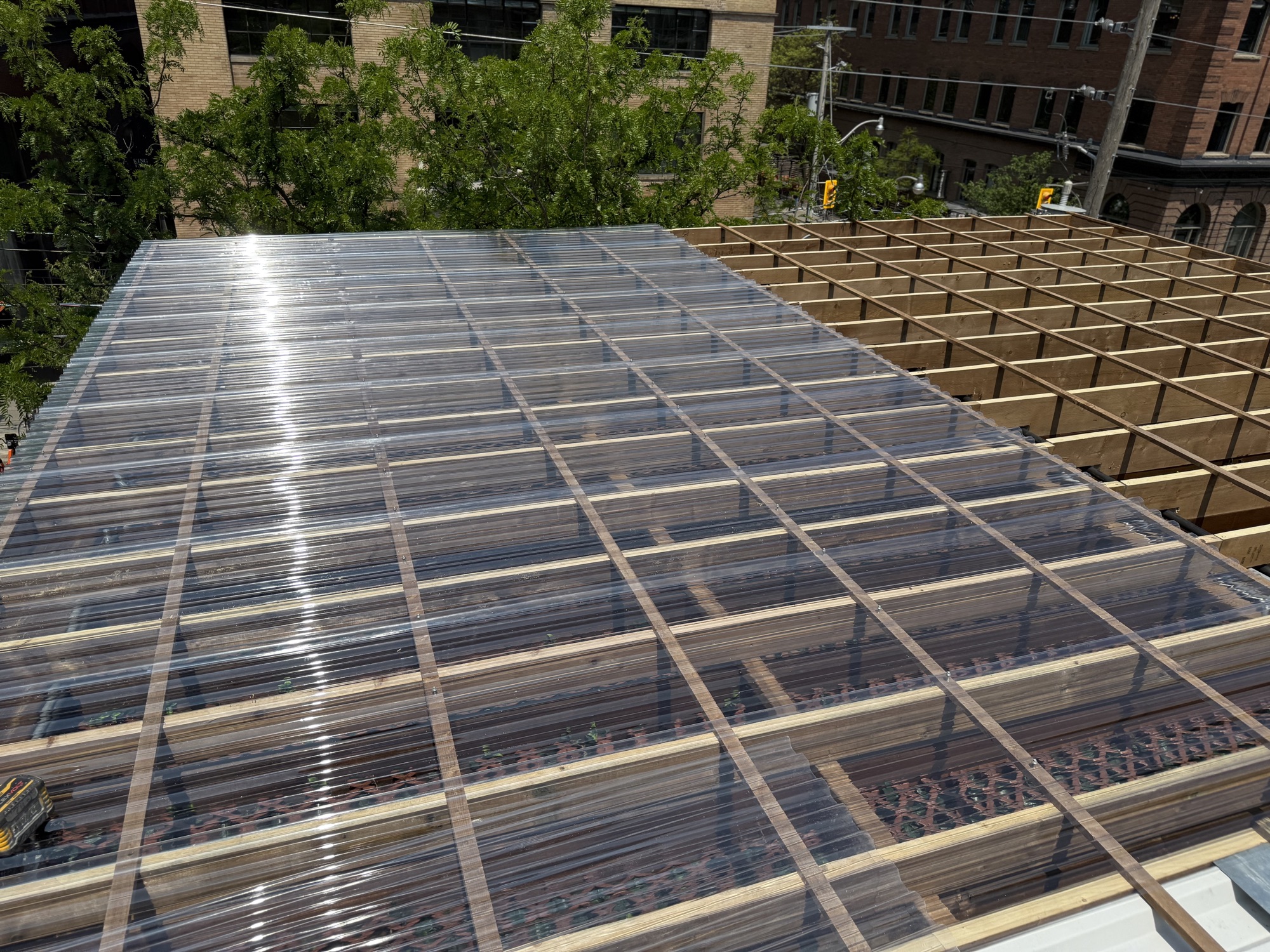 King St. East — clear roof panels going on over the frame