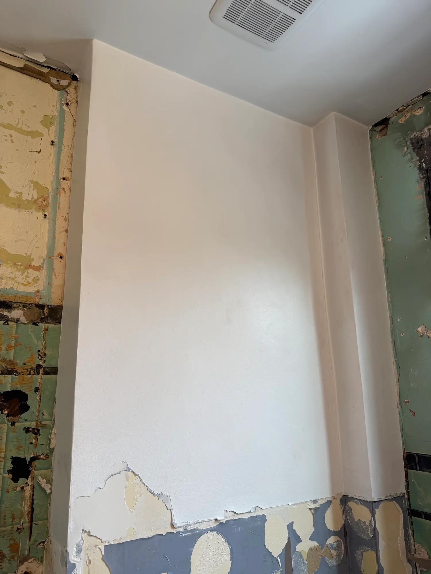 Bathroom mid-renovation — old tile stripped from the walls